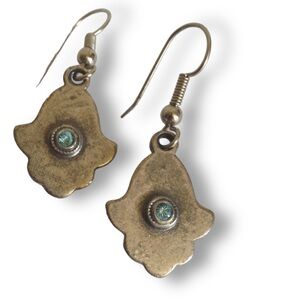Hamsa earrings, dangle blue crystal. Handmade good luck charms hand